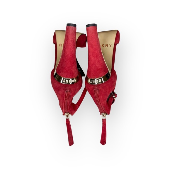 DKNY ༄ Colby T-Strap Platforms Heels Sandals༄ Red Suede Gold Detail ༄ 38 7.5M 8M - Picture 8 of 16